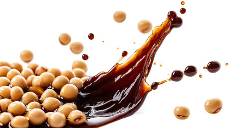 photo of golden brown soy sauce splash with soybeans, dramatic lighting, overhead shot, isolated on white background, photography, advertising media --ar 16:9 --style raw --v 6.1 Job ID: 556f5708-b932-4243-930b-8d7d3a823fe3の素材