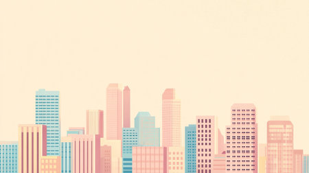 2d vector illustration of a minimalist cityscape with soft pastel buildings and a light sky, vector art, flat color, simple color palettes --ar 16:9 --v 6.1 Job ID: 4a16ff4a-16b6-4b3f-82eb-e803cd4071fdの素材