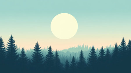 2d vector illustration of a minimalist forest scene with soft green trees and a light blue sky, vector art, flat color, simple color palettes --ar 16:9 --v 6.1 Job ID: f09e0fb6-c49d-4f3c-b3b7-cb5b5d3d61adの素材