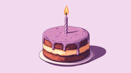 An illustrated birthday cake with a single lit candle, set against a plain lavender background. The bottom half is open for text. --ar 16:9 --v 6.1 Job ID: 9319e913-ed9b-4e3b-a07c-5c4987a25065の素材