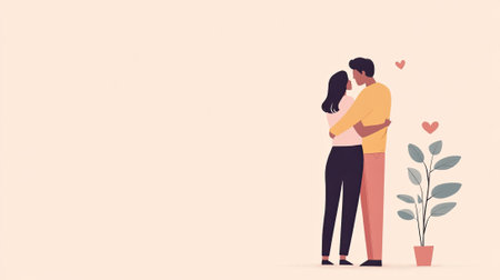 An illustrated couple embracing, set against a simple light pink background, with room on the top for a love note. --ar 16:9 --v 6.1 Job ID: ab8e7d7f-df32-46ba-aa92-0357c1693515の素材