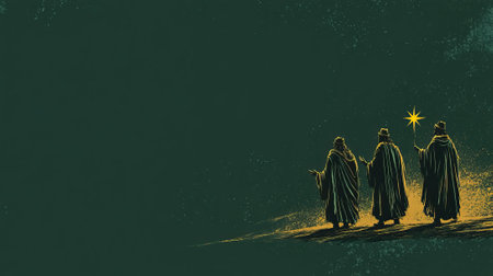 An illustrated depiction of the Three Wise Men following a star, placed on a solid dark green background, with space at the bottom for a Christmas message. --ar 16:9 --v 6.1 Job ID: 5dff4bd6-026c-4bf2-9f5c-aa409569add3の素材