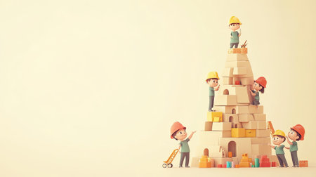 illustrated scene of kids building the Tower of Babel, with chibi-style construction workers, simple design, isolated on a pale yellow background, with copy space for text --ar 16:9 --v 6.1 Job ID: aa9ef9d4-a8b0-455f-a433-8e749e69c7c6の素材