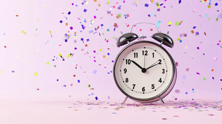 3D render of a simple New Yearâs clock with confetti falling around, elegant design with minimal colors, isolated on a light purple background, with copy space for text --ar 16:9 --v 6.1 Job ID: 9e091e4f-332d-49fa-bb49-ba533c506112の素材