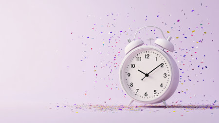 3D render of a simple New Yearâs clock with confetti falling around, elegant design with minimal colors, isolated on a light purple background, with copy space for text --ar 16:9 --v 6.1 Job ID: 9e091e4f-332d-49fa-bb49-ba533c506112の素材
