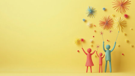 crayon art style of a family celebrating New Year with fireworks, simple and minimal colors, isolated on a soft yellow background, with space for text --ar 16:9 --v 6.1 Job ID: 4b2e7a99-6566-4596-9b12-ee93284249b4の素材