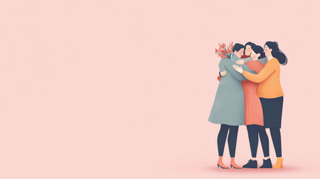 cartoon-style people hugging and wishing each other a happy New Year, simple and minimal colors, isolated on a soft pink background, with copy space for text --ar 16:9 --v 6.1 Job ID: a6762fe8-bad9-4a0c-a5d2-a3537865b606の素材