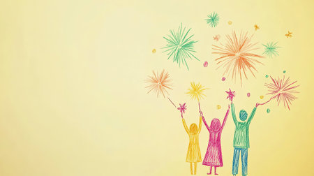 crayon art style of a family celebrating New Year with fireworks, simple and minimal colors, isolated on a soft yellow background, with space for text --ar 16:9 --v 6.1 Job ID: 4b2e7a99-6566-4596-9b12-ee93284249b4の素材