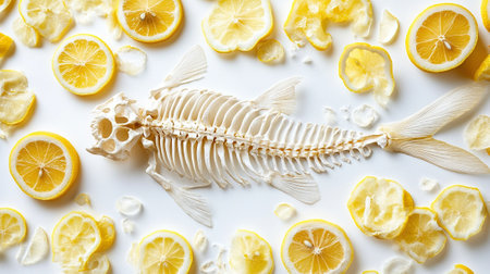photography of a fishbone skeleton surrounded by lemon slices, high contrast, shot from above, isolated on white background --chaos 20 --ar 16:9 --v 6.1 Job ID: e5467520-bee1-4b21-ba63-a5fe7fc15253の素材