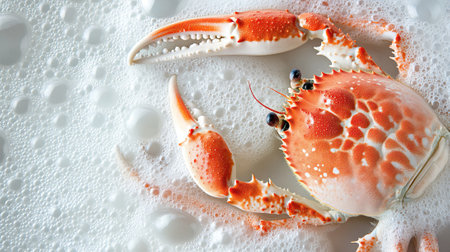photography of a whole crab leg arranged with seafoam bubbles, sharp contrast lighting, overhead shot, isolated on white background --chaos 20 --ar 16:9 --v 6.1 Job ID: f76adab4-75ad-40e1-b18e-70d78157321bの素材