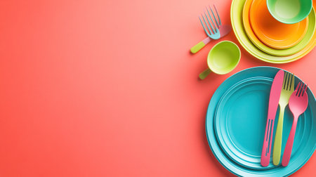 professional photography of a set of colorful kidsâ tableware, soft lighting, coral background, empty space for text on the left, cheerful and vibrant mood --chaos 20 --ar 16:9 --v 6.1 Job ID: 1f0a7d2b-5dbe-416a-a34f-804b1ec1f41cの素材