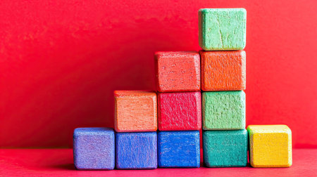 professional photography of a set of colorful building blocks, bright side lighting, vibrant red background, empty space for text at the bottom, playful and creative mood --chaos 20 --ar 16:9 --v 6.1 Job ID: c1ce28cd-6e44-4675-bf25-2a833a23139bの素材