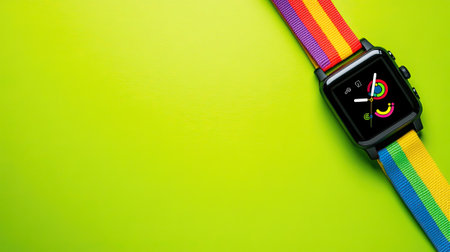 professional photography of a kidsâ smartwatch with a colorful strap, top-down lighting, lime green background, empty space for text on the left, modern and tech-savvy theme --chaos 20 --ar 16:9 --v 6.1 Job ID: de8198ea-5933-4a1f-85c0-0a72c5cf3e68の素材