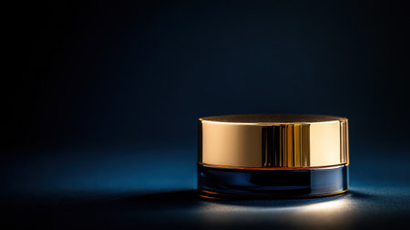 professional photography of an exclusive beauty cream jar with a gold lid, side lighting creating a dramatic shadow, dark blue background, empty space for text on the right, luxurious and refined mood --chaos 20 --ar 16:9 --v 6.1 Job ID: 70f49be1-9691-4398-b86b-1d3945320f08の素材