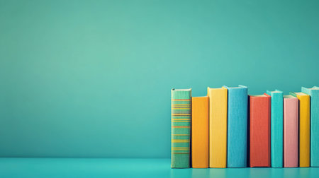 professional photography of a set of colorful kidsâ books with simple illustrations, bright side lighting, teal background, empty space for text at the top, imaginative and engaging mood --chaos 20 --ar 16:9 --v 6.1 Job ID: 6bb21771-1eb9-4c77-ae1e-33c010448963の素材