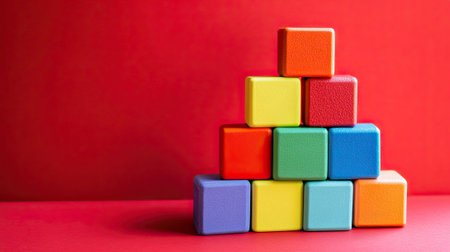 professional photography of a set of colorful building blocks, bright side lighting, vibrant red background, empty space for text at the bottom, playful and creative mood --chaos 20 --ar 16:9 --v 6.1 Job ID: c1ce28cd-6e44-4675-bf25-2a833a23139bの素材