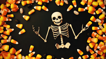 Halloween greeting card template, fun and whimsical mood, subtle backlighting with candy corn scattered around the edges, solid black background, a smiling skeleton in the top corner, empty space for text in the middle, greeting card template --chaos 20 --ar 16:9 --v 6.1 Job ID: ca703046-a1ff-4551-9cb4-c8b0e8a01d92の素材
