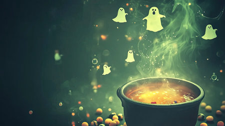 Halloween greeting card template, spooky and playful mood, dim lighting with a border of cartoon ghosts and candies, solid dark green background, a bubbling cauldron illustration at the bottom, empty space for text in the middle, greeting card template --chaos 20 --ar 16:9 --v 6.1 Job ID: 82746fdb-8fca-467e-9516-e3d760539b5cの素材