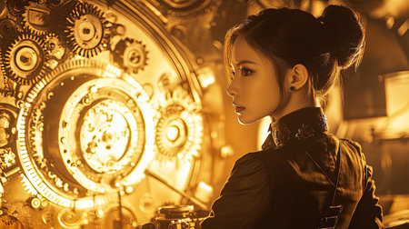 photo of a tanned skin Asian woman model in a steampunk scientist's outfit, back view, cluttered laboratory setting with cogs and gears, soft yellow lighting creating a vintage atmosphere, focus on her elaborate clockwork accessories, advertising shoot, professional photo, photorealistic --chaos 10 --ar 16:9 --v 6.1 Job ID: 35892360-941d-4bab-b828-faa0f127bbc3の素材