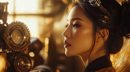 photo of a tanned skin Asian woman model in a steampunk inventor's outfit, side view, Victorian machinery and gears blurred in the background, soft golden lighting casting a warm glow on her face, focus on her mechanical eye, advertising shoot, professional photo, photorealistic --chaos 10 --ar 16:9 --v 6.1 Job ID: 191f2071-3816-48e5-b1c5-21ddb52077e9の素材