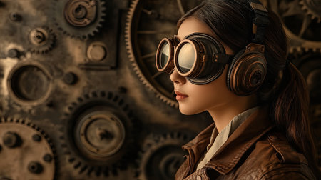 photo of a tanned skin Asian woman model in a steampunk aviator outfit, side view, gears and mechanical parts in the background, soft sepia-toned lighting creating a vintage look, focus on her goggles and leather jacket, advertising shoot, professional photo, photorealistic --chaos 10 --ar 16:9 --v 6.1 Job ID: 15c4707d-cf74-41e3-baf3-de8aeb6c819fの素材