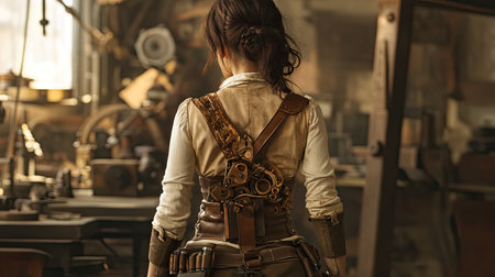 photo of a tanned skin Asian woman model in a steampunk mechanic's outfit, back view, cluttered workshop with mechanical devices in the background, warm ambient lighting creating a rustic feel, focus on her detailed tool belt, advertising shoot, professional photo, photorealistic --chaos 10 --ar 16:9 --v 6.1 Job ID: 412bd3a4-65dd-4cc0-b045-e021dc65cde7の素材