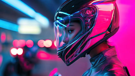 photo of a tanned skin Asian woman model in a cyberpunk street racer outfit, side view, neon lights and racing bikes blurred in the background, dynamic red and blue lighting, focus on her futuristic helmet and reflective visor, advertising shoot, professional photo, photorealistic --chaos 10 --ar 16:9 --v 6.1 Job ID: 510d68c6-8a8d-4713-89aa-5e1c261c13d4の素材