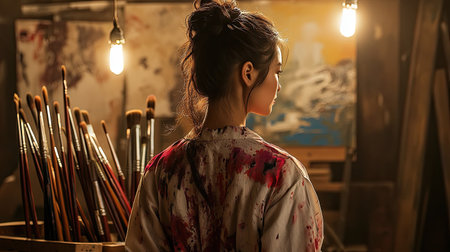 photo of an Asian woman model in an artist's smock, back view with paintbrushes visible in the background, warm studio lighting creating a creative atmosphere, slight focus on her relaxed posture, advertising shoot, professional photo, photorealistic --chaos 10 --ar 16:9 --v 6.1 Job ID: 46967e8a-2192-40df-98e1-45119dd77b74の素材