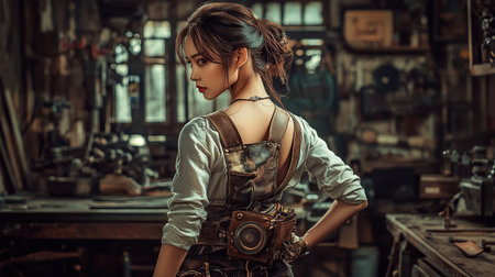 photo of a tanned skin Asian woman model in a steampunk mechanic's outfit, back view, cluttered workshop with mechanical devices in the background, warm ambient lighting creating a rustic feel, focus on her detailed tool belt, advertising shoot, professional photo, photorealistic --chaos 10 --ar 16:9 --v 6.1 Job ID: 412bd3a4-65dd-4cc0-b045-e021dc65cde7の素材