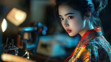 photo of an Asian woman model in a fashion designer's outfit, side view, sewing machine blurred in the background, soft lighting creating a creative mood, focus on her thoughtful expression, advertising shoot, professional photo, photorealistic --chaos 10 --ar 16:9 --v 6.1 Job ID: 79006eb0-81af-48af-8cb9-0d6e24bc2fb4の素材