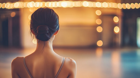 photo of an Asian woman model in a dancer's outfit, back view, blurred dance studio background, warm ambient lighting creating a graceful atmosphere, focus on her posture, advertising shoot, professional photo, photorealistic --chaos 10 --ar 16:9 --v 6.1 Job ID: ac47f8fa-86a4-4e66-a2c5-e37261710357の素材