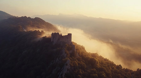 photo of a fog-covered medieval European castle on a hilltop, crumbling stone walls emerging from the mist, soft golden hour lighting barely illuminating the distant horizon, eerie and atmospheric, professional photo, photorealistic --chaos 10 --ar 16:9 --v 6.1 Job ID: b076325e-fe53-4922-a9b5-faa56c717c1eの素材