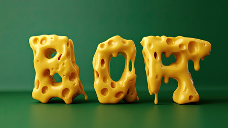 photo of a cheese font with alphabet letters made from gooey, melted cheese, each letter placed on a solid green background, sharp contrast between the cheese and the backdrop, professional photo, photorealistic --chaos 10 --ar 16:9 --v 6.1 Job ID: 5ee53b41-c214-41a9-8cd7-b7f72f5780e4の素材
