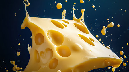 photo of a dynamic cheese splash, where liquid cheese is shown mid-air in a splattering pattern, set against a solid dark blue background, detailed lighting to capture the movement and texture, professional photo, photorealistic --chaos 10 --ar 16:9 --v 6.1 Job ID: 0da994d6-6484-4efe-b44f-e09fb815223bの素材