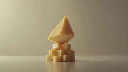 photo of a single slice of cheese elegantly draped over a small stack of cheese cubes, set on a solid pale grey background, soft diffused lighting to create a gentle, inviting look, professional photo, photorealistic --chaos 10 --ar 16:9 --v 6.1 Job ID: 3bf19d5f-b0f0-49df-aca5-c4a5dc7a692cの素材