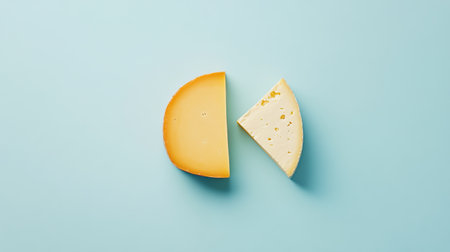 photo of a minimalist cheese board with only a single slice of cheddar and a wedge of brie, placed on a light blue solid color background, soft lighting to emphasize the simplicity, professional photo, photorealistic --chaos 10 --ar 16:9 --v 6.1 Job ID: 56d5522a-f575-4188-b064-c71a865f9ae0の素材