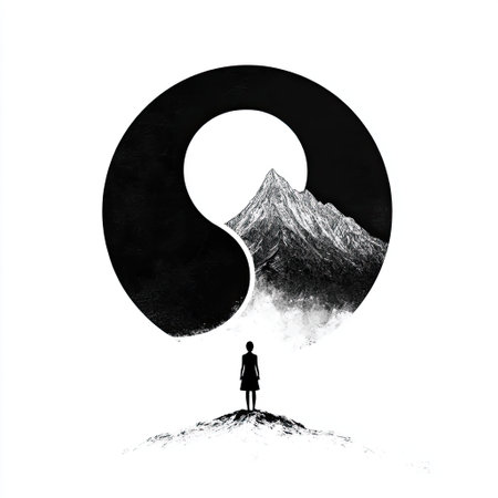vector 2d art of a meditative figure in front of a mountain split in a yin yang shape, black silhouete art, 2d art, simple color palette, isolated on white background --chaos 10 --ar 1:1 --style raw --v 6.1 Job ID: 99ec227a-3dd6-490e-b374-2f7e4444d3beの素材