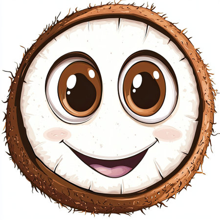 vector art of a smiling coconut half with a funny face and big eyes, brown and white colors, 2d art, simple color palette, isolated on white background --chaos 10 --ar 1:1 --v 6.1 Job ID: e94f77c6-8fff-49d2-8f3b-cd6b48bde13eの素材