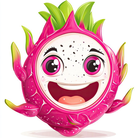 vector art of a smiling dragon fruit with bright pink skin and playful eyes, pink and white colors, 2d art, simple color palette, isolated on white background --chaos 10 --ar 1:1 --v 6.1 Job ID: 9d6f2894-2e90-4f6f-9f18-145fbe3c67aaの素材