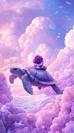 illustration t-shirt design of a playful grape riding a turtle through the ocean, soft purple background, whimsical art style, wallpaper art --chaos 10 --ar 9:16 --style raw --v 6.1 Job ID: 0343b80b-0b7c-401e-82fc-6cb2c7f9e339の素材