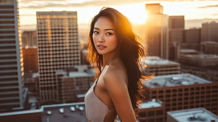 photo of an Asian woman with tanned skin and long, soft-curl black-brown hair, facing back, standing on a rooftop overlooking a modern city skyline, wearing a simple casual dress, late afternoon lighting, vibrant tones with high contrast, slight tilt angle, Photorealistic, professional photo, advertising photo --chaos 10 --ar 16:9 --style raw --v 6.1 Job ID: 281a24a6-b341-441f-b945-c8087535c08cの素材