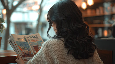 photo of a nerdy Asian woman with tanned skin and long, soft-curl black-brown hair, facing back, sitting at a coffee shop reading a science magazine, oversized sweater, warm ambient light, slightly high angle, Photorealistic, professional photo, advertising photo --no cleavage --chaos 10 --ar 16:9 --style raw --v 6.1 Job ID: 733b516c-f2dd-4256-92f0-3ff4e3c2f31eの素材