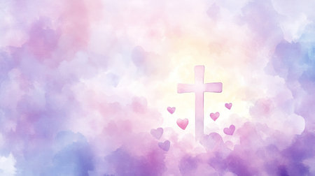 illustration of a gentle light shining on a cross surrounded by heart-shaped clouds, pastel purple background, space at the top for text, watercolor, greeting card --chaos 10 --ar 16:9 --style raw --v 6.1 Job ID: 9d36bcc6-f3c3-4cd1-a3d8-6bfd3ff65377の素材