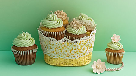 photo of a birthday hamper designed as a pastel yellow basket with lace details, filled with cupcakes, a dainty bracelet, and a flower-shaped candle, frontal view, warm daylight lighting, isolated on pastel green background --no people man woman --chaos 12 --ar 16:9 --style raw --stylize 250 --weird 150 --v 6.1 Job ID: b062c0d1-c37e-47af-ae74-b9fde829e7dfの素材