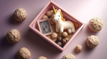 photo of a birthday hamper in a pastel pink square basket, containing a plush unicorn, luxury truffles, and a tiny photo frame, angled top-down view, soft golden light, isolated on pastel lavender background --no people man woman --chaos 12 --ar 16:9 --style raw --stylize 250 --weird 150 --v 6.1 Job ID: d2d4a56b-f306-4351-9ac0-c665a1a29f47の素材