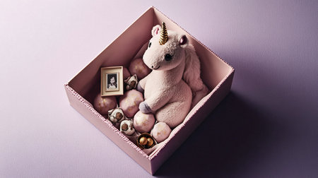 photo of a birthday hamper in a pastel pink square basket, containing a plush unicorn, luxury truffles, and a tiny photo frame, angled top-down view, soft golden light, isolated on pastel lavender background --no people man woman --chaos 12 --ar 16:9 --style raw --stylize 250 --weird 150 --v 6.1 Job ID: d2d4a56b-f306-4351-9ac0-c665a1a29f47の素材
