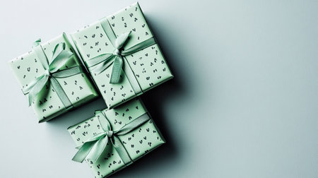photo of a small stack of pastel green gift boxes with ribbon, arranged on the bottom-left corner of a light gray background. The rest of the space remains blank for mockup purposes, isolated on light gray background --no people man woman --chaos 12 --ar 16:9 --style raw --stylize 250 --weird 150 --v 6.1 Job ID: 5807353f-041f-43b8-b1d9-95203d376e19の素材