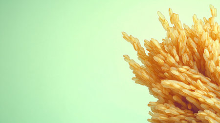 close-up photo of a rice grain cluster in golden hues, hanging vertically at the lower-right of a pale pastel green background. Ample space above remains clear for advertising purposes --no people man woman --chaos 12 --ar 16:9 --style raw --stylize 250 --weird 150 --v 6.1 Job ID: 5662676b-ceef-41dd-9f3e-8c076325a6c5の素材