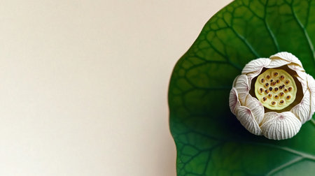 close-up photo of a single lotus flower blooming on a bright green leaf, placed at the bottom-right corner of a light beige background. The clean top half provides space for advertising text --no people man woman --chaos 12 --ar 16:9 --style raw --stylize 250 --weird 150 --v 6.1 Job ID: 6ed50f4e-d6f5-4a6e-a7fe-d17738abfd69の素材