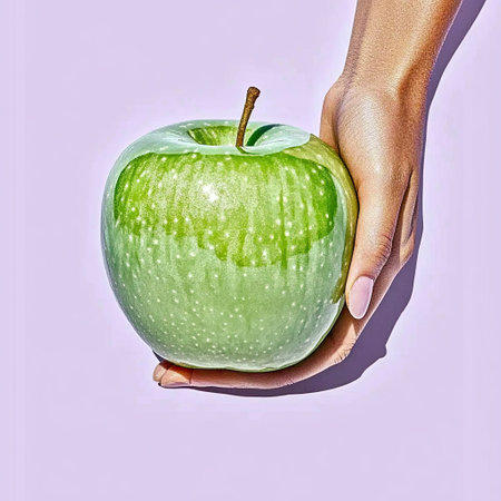 photo of a glossy green apple with a natural sheen, side view, minimalistic soft light, isolated on pastel lavender background --no people --chaos 12 --ar 1:1 --weird 150 --v 6.1 Job ID: 8434a590-4643-4206-81c0-3ef4f9be6966の素材